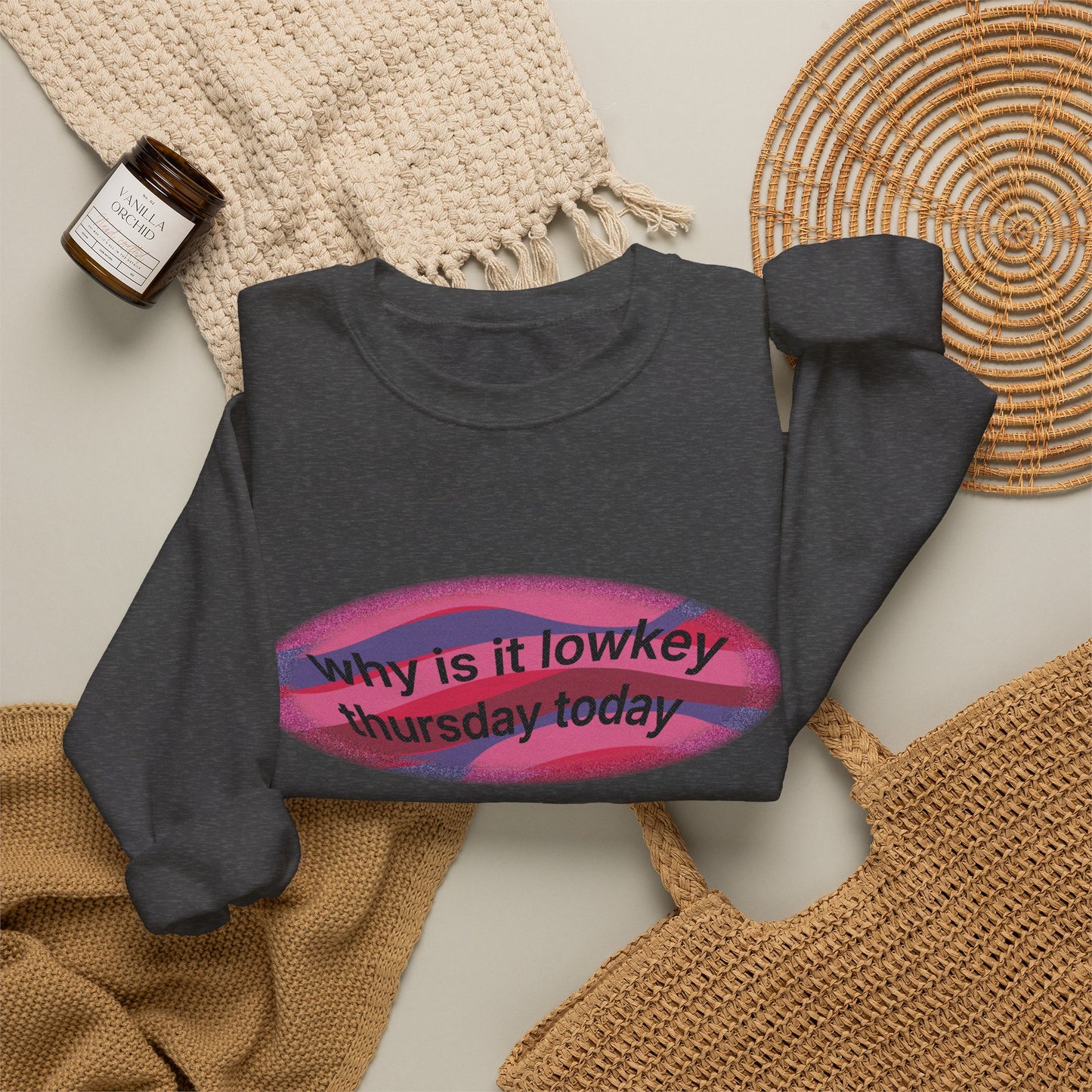 Crewneck Sweatshirt — "Why is it lowkey Thursday today" Retro Vaporwave Design